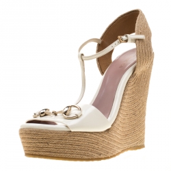 Pre Owned Gucci White Leather Horsebit T-Strap Espadrille Wedge Sandals Size 37