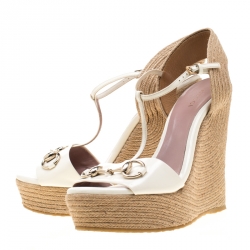 Pre Owned Gucci White Leather Horsebit T-Strap Espadrille Wedge Sandals Size 37