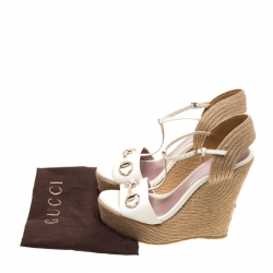 Pre Owned Gucci White Leather Horsebit T-Strap Espadrille Wedge Sandals Size 37