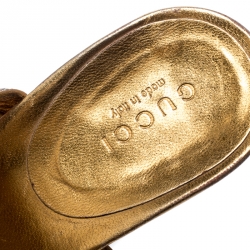 Pre Owned Gucci Metallic Gold Guccissima Leather Cross Ankle Strap Lock Detail Open Toe Sandals Size 38.5