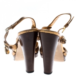 Pre Owned Gucci Metallic Gold Guccissima Leather Cross Ankle Strap Lock Detail Open Toe Sandals Size 38.5