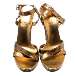 Pre Owned Gucci Metallic Gold Guccissima Leather Cross Ankle Strap Lock Detail Open Toe Sandals Size 38.5