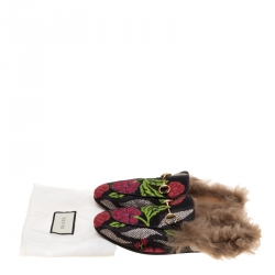مملوكة مسبقًا Gucci Multicolor Floral Brocade And Fur Lined Princetown Flat Mule Loafers Size 38