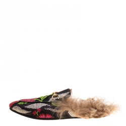 مملوكة مسبقًا Gucci Multicolor Floral Brocade And Fur Lined Princetown Flat Mule Loafers Size 38