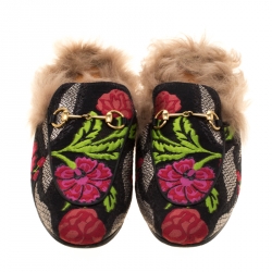 مملوكة مسبقًا Gucci Multicolor Floral Brocade And Fur Lined Princetown Flat Mule Loafers Size 38