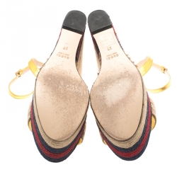 Pre Owned صندل غوتشي سير كاحل كعب روكي إسبادريل رافيا وجلد ذهبي ميتالك مقاس 37