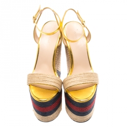 Pre Owned صندل غوتشي سير كاحل كعب روكي إسبادريل رافيا وجلد ذهبي ميتالك مقاس 37