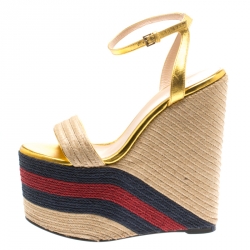 Pre Owned صندل غوتشي سير كاحل كعب روكي إسبادريل رافيا وجلد ذهبي ميتالك مقاس 37