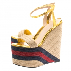 Pre Owned صندل غوتشي سير كاحل كعب روكي إسبادريل رافيا وجلد ذهبي ميتالك مقاس 37