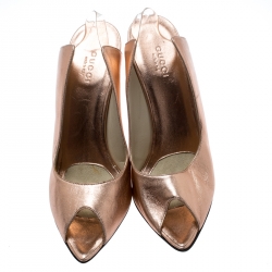 Pre Owned Gucci Metallic Rose Gold Leather Peep Toe Backstrap Sandals Size 37.5