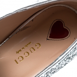 Pre Owned Gucci Metallic Silver Coarse Glitter Marmont Peyton Loafer Pumps Size 37