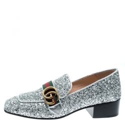 Pre Owned Gucci Metallic Silver Coarse Glitter Marmont Peyton Loafer Pumps Size 37