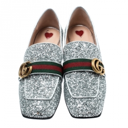 Pre Owned Gucci Metallic Silver Coarse Glitter Marmont Peyton Loafer Pumps Size 37