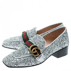 Pre Owned Gucci Metallic Silver Coarse Glitter Marmont Peyton Loafer Pumps Size 37