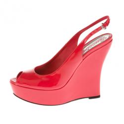 Pre Owned Gucci Coral Patent ‘Sofia’ Platform Slingback Wedges Sandals Size 37.5