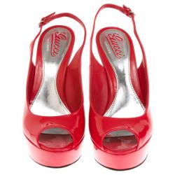 Pre Owned Gucci Coral Patent ‘Sofia’ Platform Slingback Wedges Sandals Size 37.5