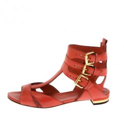 Pre Owned Gucci Coral Leather T Strap Iman Flat Sandals Size 38