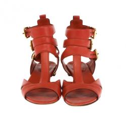 Pre Owned Gucci Coral Leather T Strap Iman Flat Sandals Size 38