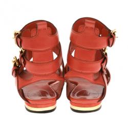 Pre Owned Gucci Coral Leather T Strap Iman Flat Sandals Size 38