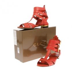 Pre Owned Gucci Coral Leather T Strap Iman Flat Sandals Size 38