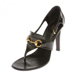 Pre Owned Gucci Black Patent Horsebit Thong Sandals Size 38
