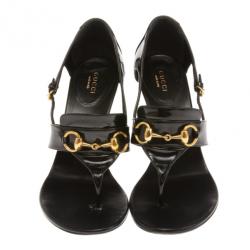 Pre Owned Gucci Black Patent Horsebit Thong Sandals Size 38