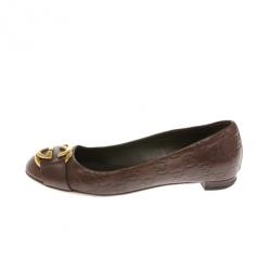 Pre Owned Gucci Brown Leather Guccissima Interlocking G Buckle Ballet Flats Size 37.5