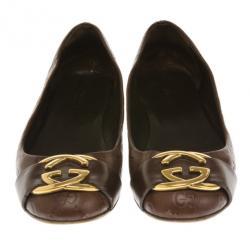 Pre Owned Gucci Brown Leather Guccissima Interlocking G Buckle Ballet Flats Size 37.5