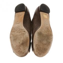 Pre Owned Gucci Brown Leather Guccissima Interlocking G Buckle Ballet Flats Size 37.5