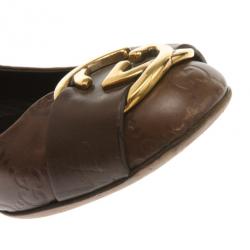 Pre Owned Gucci Brown Leather Guccissima Interlocking G Buckle Ballet Flats Size 37.5