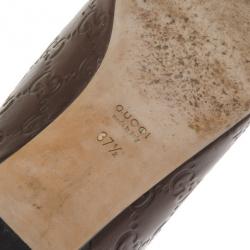 Pre Owned Gucci Brown Leather Guccissima Interlocking G Buckle Ballet Flats Size 37.5