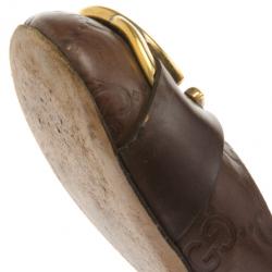 Pre Owned Gucci Brown Leather Guccissima Interlocking G Buckle Ballet Flats Size 37.5