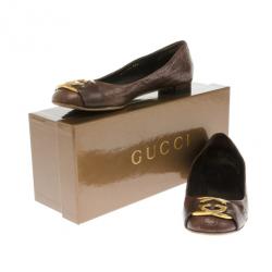 Pre Owned Gucci Brown Leather Guccissima Interlocking G Buckle Ballet Flats Size 37.5