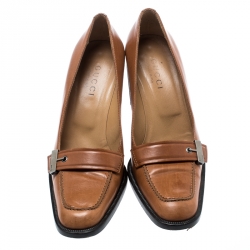 Pre Owned Gucci Beige Leather Buckle Detail Loafer Pumps Size 38