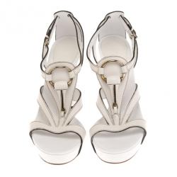 Pre Owned Gucci White Leather Icon Bit Platform Sandals Size 37.5