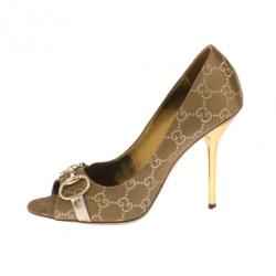 Pre Owned Gucci Brown Guccissima Horsebit Peep Toe Pumps Size 38