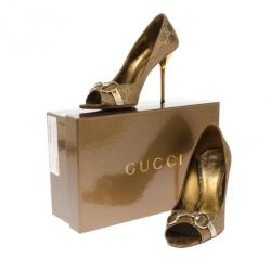Pre Owned Gucci Brown Guccissima Horsebit Peep Toe Pumps Size 38