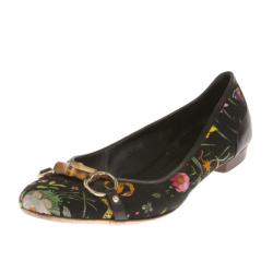 Pre Owned Gucci Black Flora Bamboo Horsebit Ballet Flats Size 41