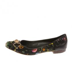 Pre Owned Gucci Black Flora Bamboo Horsebit Ballet Flats Size 41