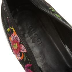 Pre Owned Gucci Black Flora Bamboo Horsebit Ballet Flats Size 41
