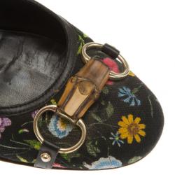 Pre Owned Gucci Black Flora Bamboo Horsebit Ballet Flats Size 41