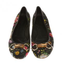 Pre Owned Gucci Black Flora Bamboo Horsebit Ballet Flats Size 41