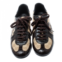 Gucci Brown Leather And Beige Guccissima Canvas Royal Sport Interlocking GG Sneakers Size 37.5