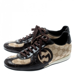 Gucci Brown Leather And Beige Guccissima Canvas Royal Sport Interlocking GG Sneakers Size 37.5