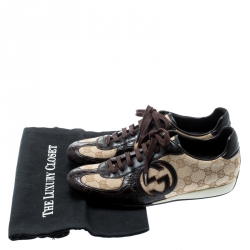 Gucci Brown Leather And Beige Guccissima Canvas Royal Sport Interlocking GG Sneakers Size 37.5