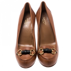 مملوكة مسبقًا حذاء كعب عالي غوتشي لوفر هورسبيت ميس بامبو جلد بني مقاس 36