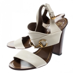 Pre Owned Gucci White Leather Alyssa Horsebit Ankle Strap Sandals Size 36.5