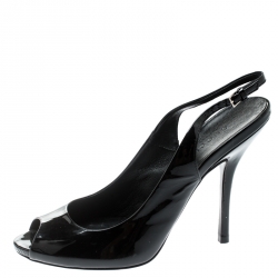 Pre Owned Gucci Black Patent Leather Peep Toe Slingback Sandals Size 36.5
