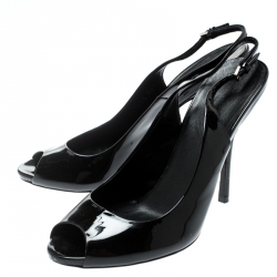 Pre Owned Gucci Black Patent Leather Peep Toe Slingback Sandals Size 36.5