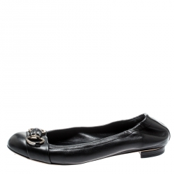 Pre Owned Gucci Black Leather Bamboo Horsebit Scrunch Ballet Flats Size 36